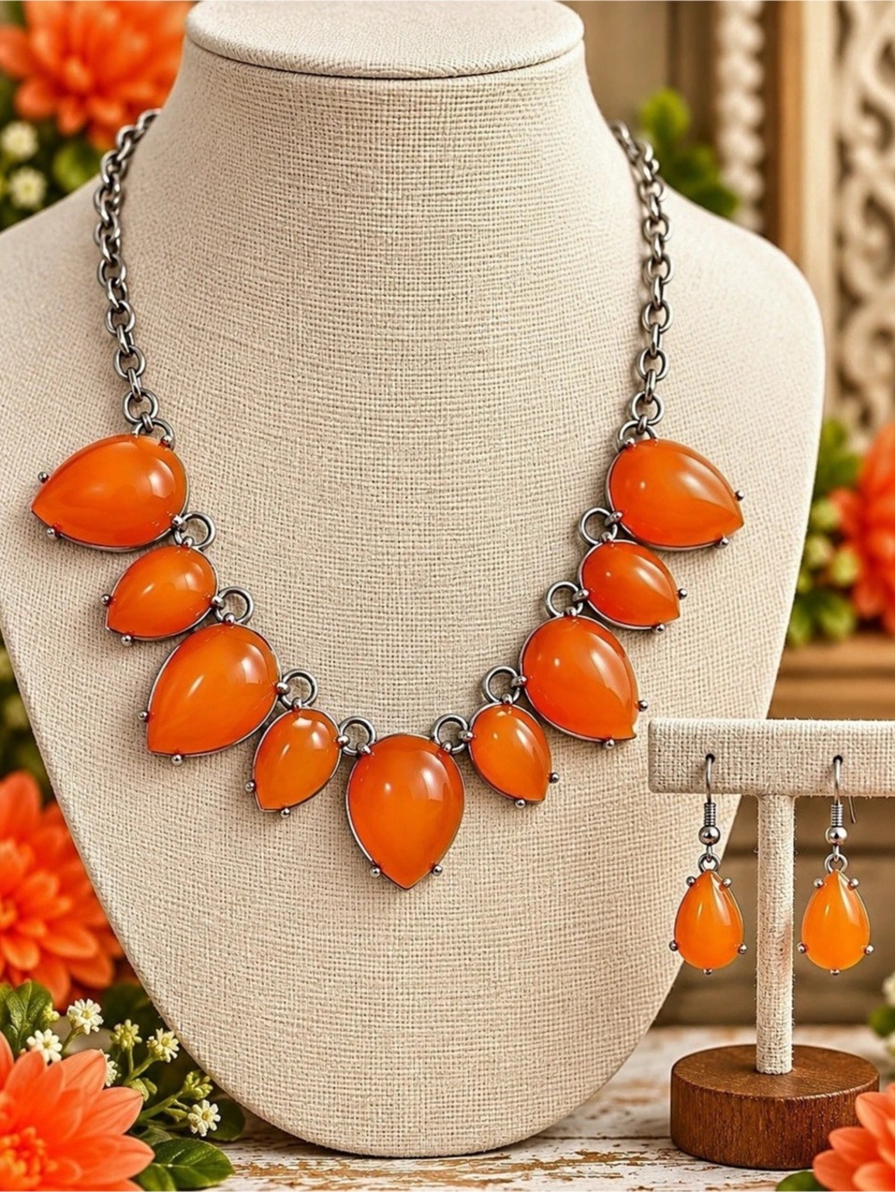 paparazzi Statement Necklace & Earrings in Orange